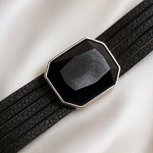 Black Multi-Strand Leather Necklace with Gem Accent – Layered Statement Jewelry